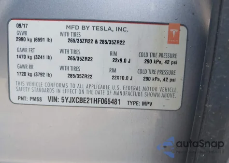 2017 Tesla Model X 100D/75D/90D из США, поврежденный, VIN 5YJXCBE21HF065481